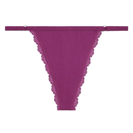 QYZEU Panties for Women Plus Size Solid Lace Trim Thongs Thin Strap Stylish Bikini Cotton Seamless Briefs Comfy Breathable Panties Soft Lightweight Underwear Purple L