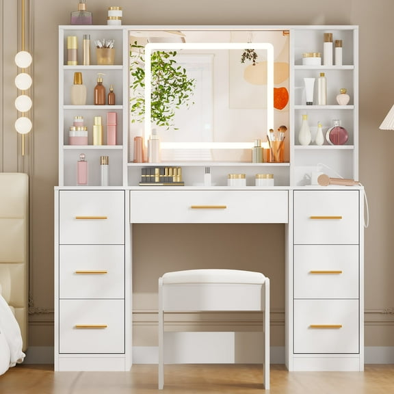 BEWISHOME Vanity Desk with LED Mirror, Charging Station & Ample Storage