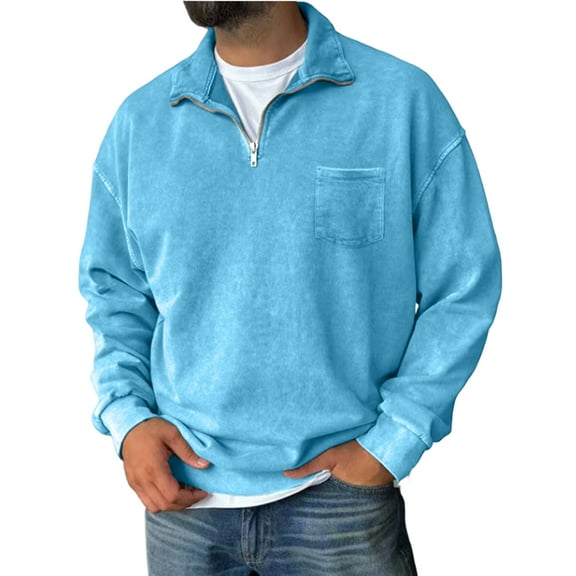 1/4 Zip Pullover Mens Fall Winter Vintage Mock Neck Sweatshirt Loose Classic Distressed Pullover with Pockets Light Blue 3XL