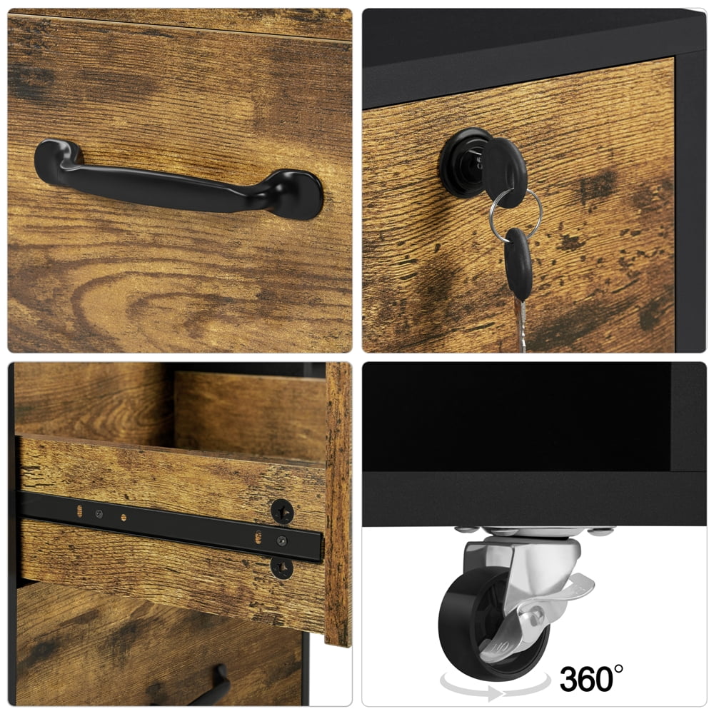 Yaheetech 2-Drawer Wooden Vintage File Cabinet with Wheels for Home and Office, Black/Rustic Brown