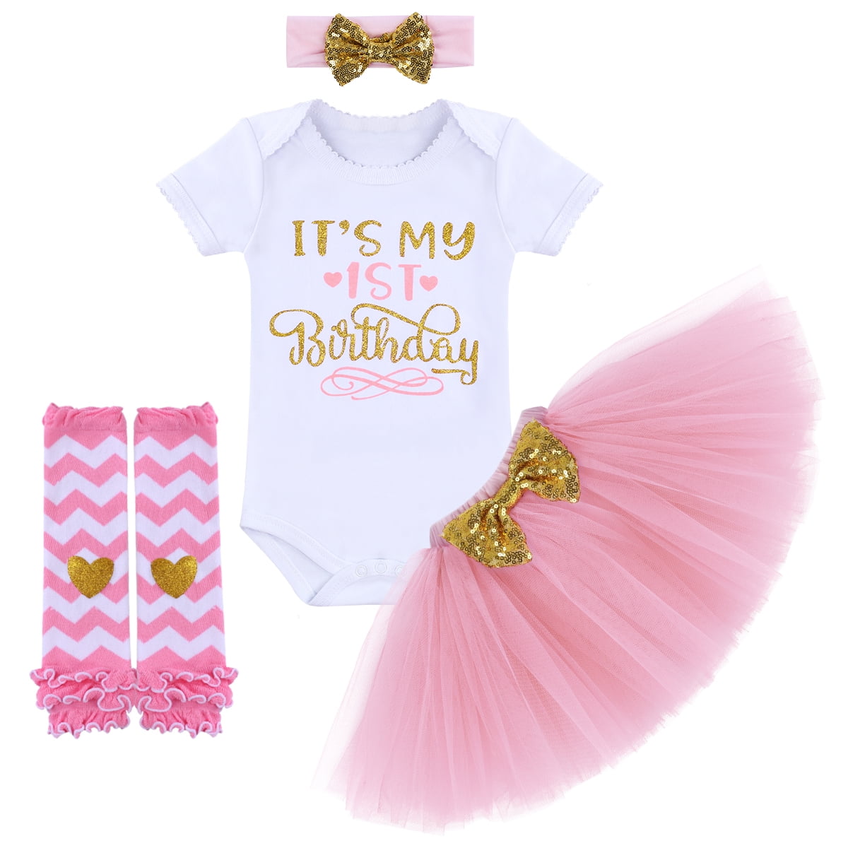 IBTOM CASTLE Toddler Baby Girls Half/1st/2nd Birthday Cake Smash Outfit Princess Romper + Tutu Skirt + Headband + Leg Warmers Leisure Clothes Set, 4-Piece