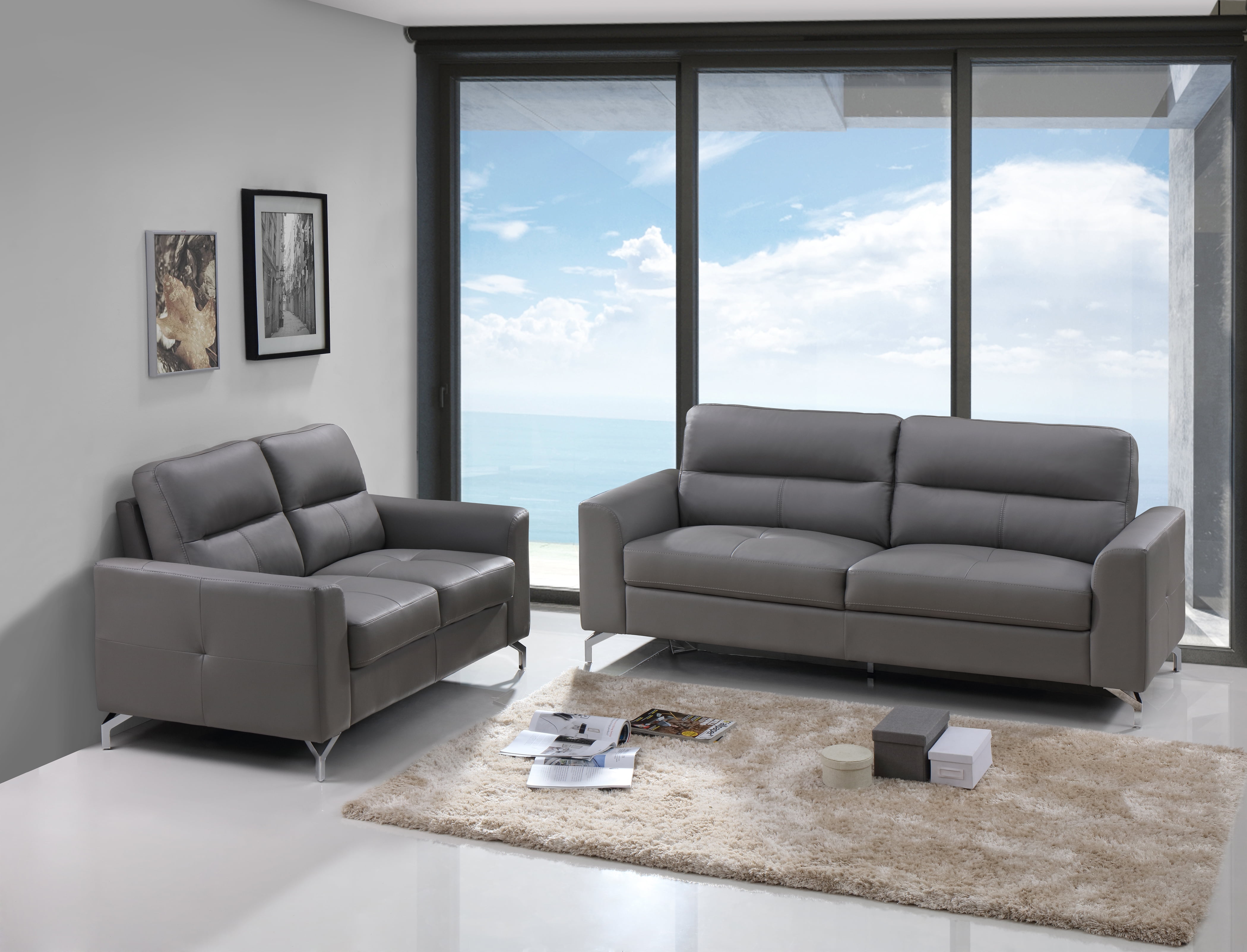 Renquist Top Grain Leather Modern Sofa & Loveseat Set, Grey