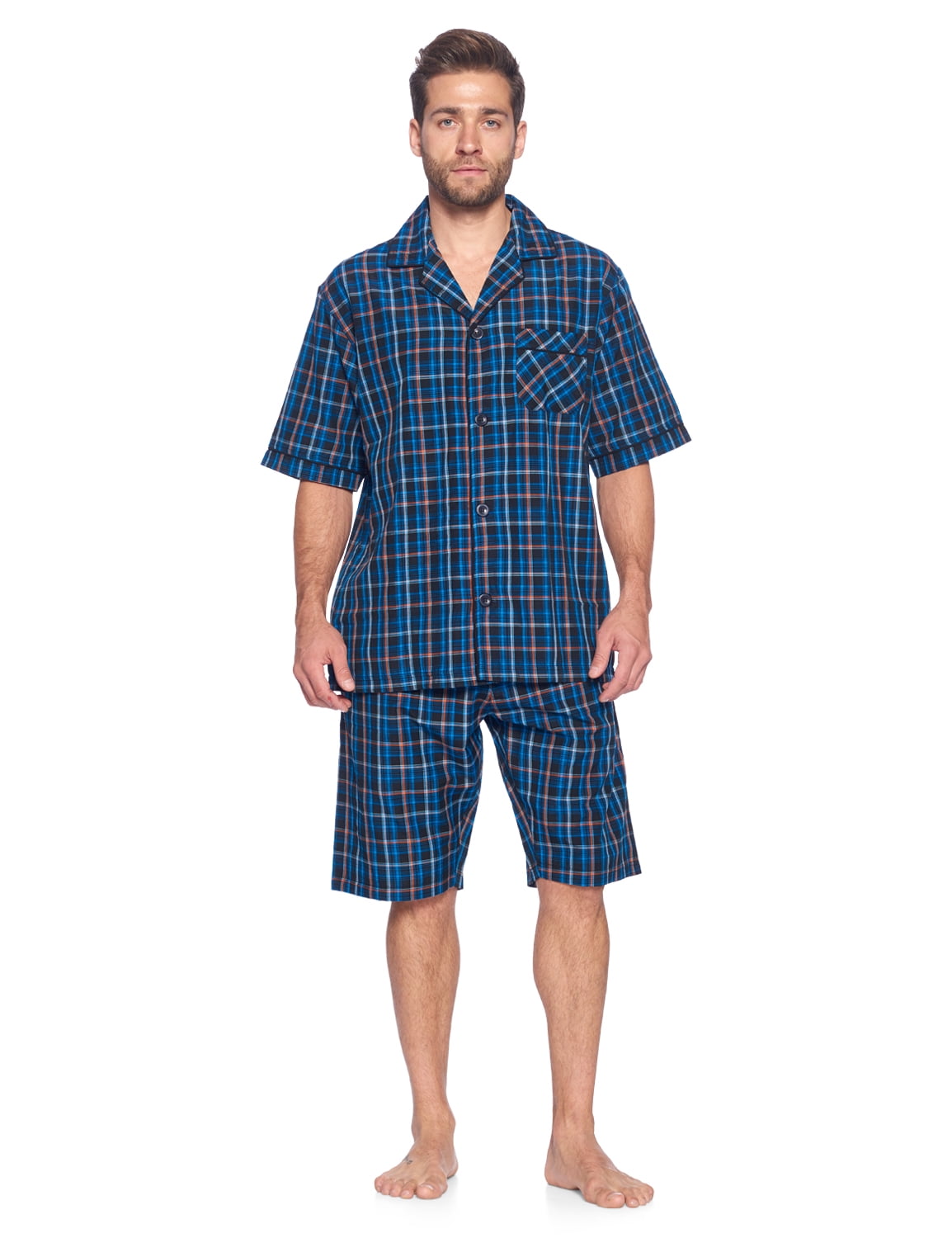 Ashford & Brooks Mens Woven Short Sleeve Pajama Shorts Set, Black/Blue