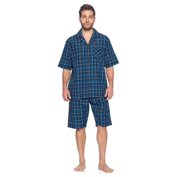 Ashford & Brooks Mens Woven Short Sleeve Pajama Shorts Set, Black/Blue/Plaid, S