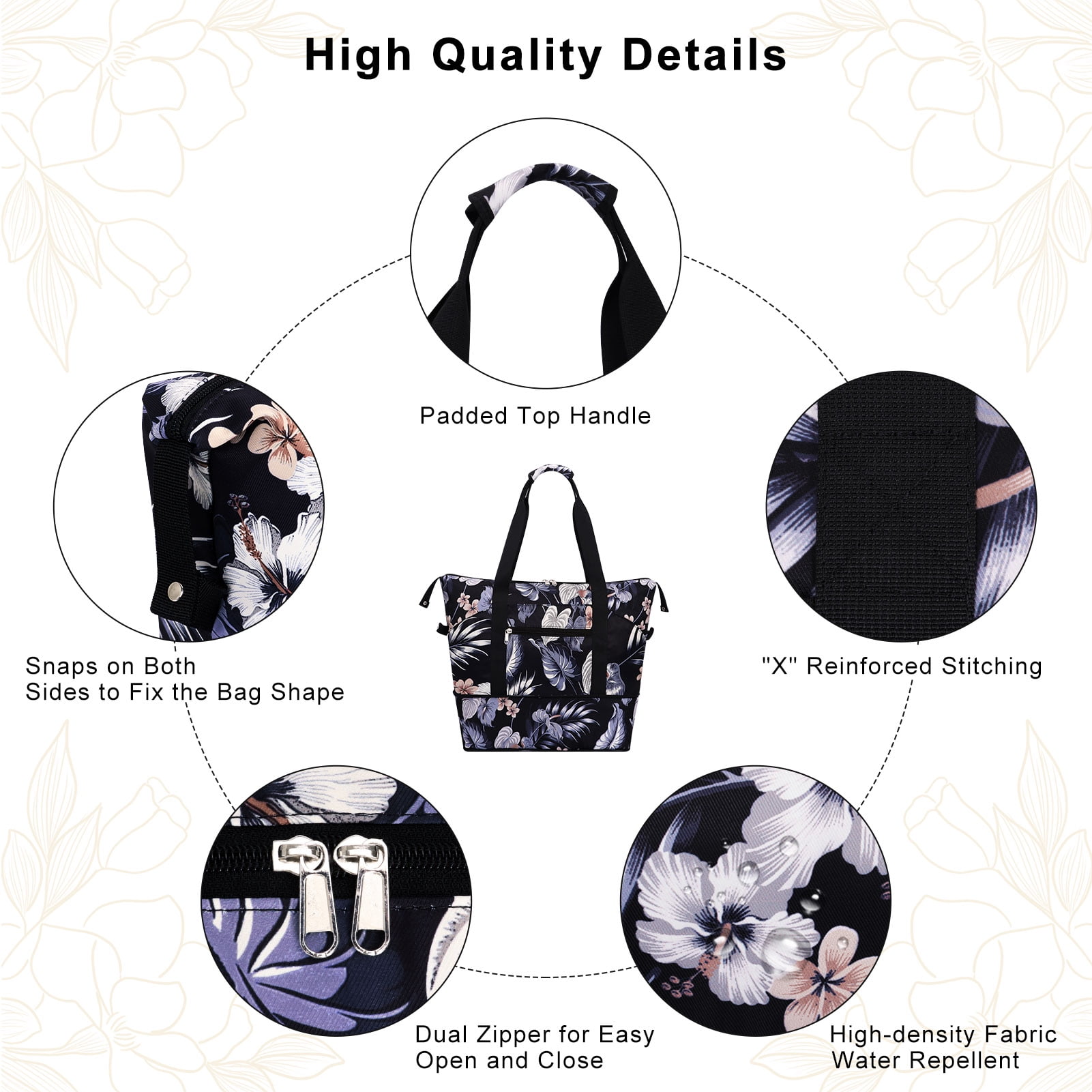 HAWEE Expandable Duffel Bag for Women with Trolley Sleeve and Wet Pocket Water Repellent Weekender Travel Tote Large Capacity Carry On Overnight Luggage for Gym/ Trip/ Camping/ Beach, Hibiscus