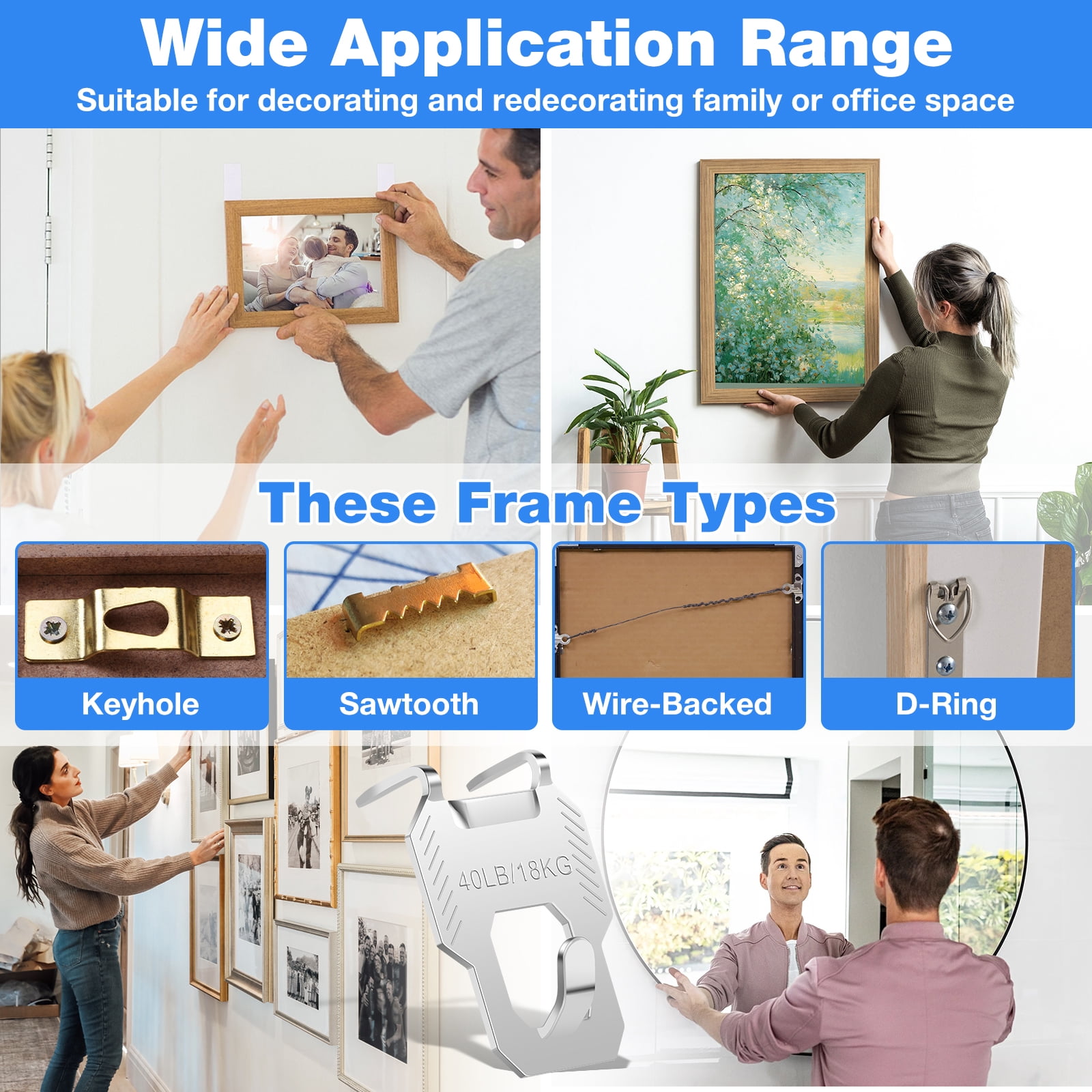TMWEFUSC 60Pcs Claw Drywall Picture Hanger, Wall Picture Hanging Hooks Heavy Duty Picture Frame Hooks Kit Stainless Steel Mirror Hanger Hold Up to 40 lb for Photo Poster Decor