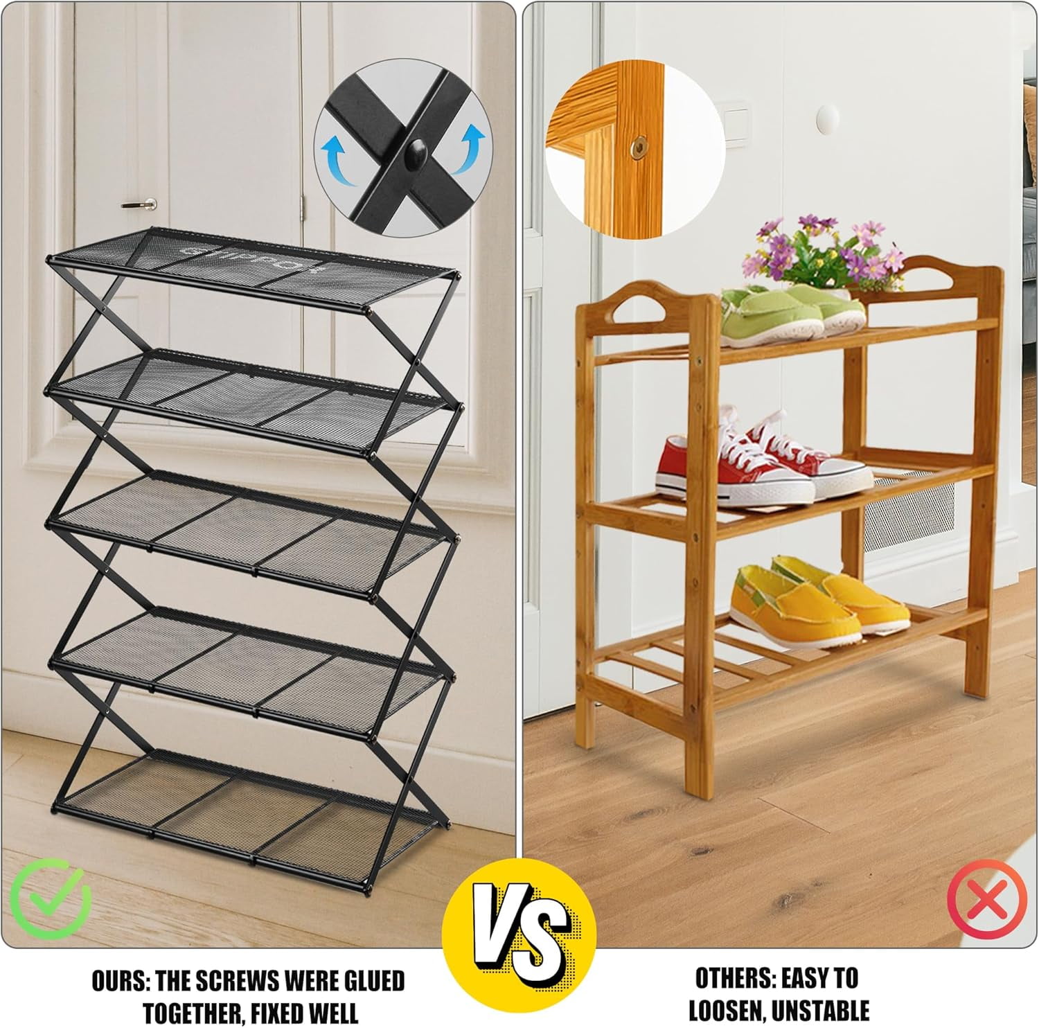 5-Tier Foldable Shoe Rack Without Assembly, Metal Collapsible Shoe Organizer for Entryway, Living Room, Hallway, Black