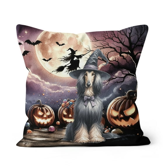 Spooky Halloween Night Witch Afghan Hound Glowing Pumpkins Pillow Cushion Double Sided Dog Lover Throw Pillow - 12015