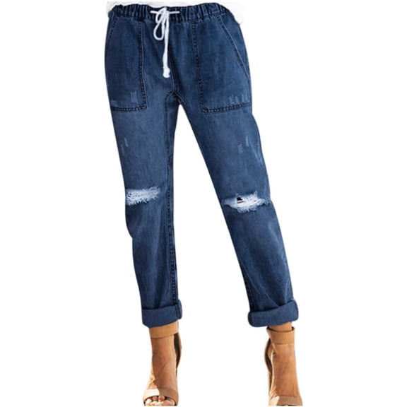 Odeerbi Pants for Women High Waist Temperament Washed Hole Pocket Wide Leg 2025 Casual Jeans Trousers Dark Blue