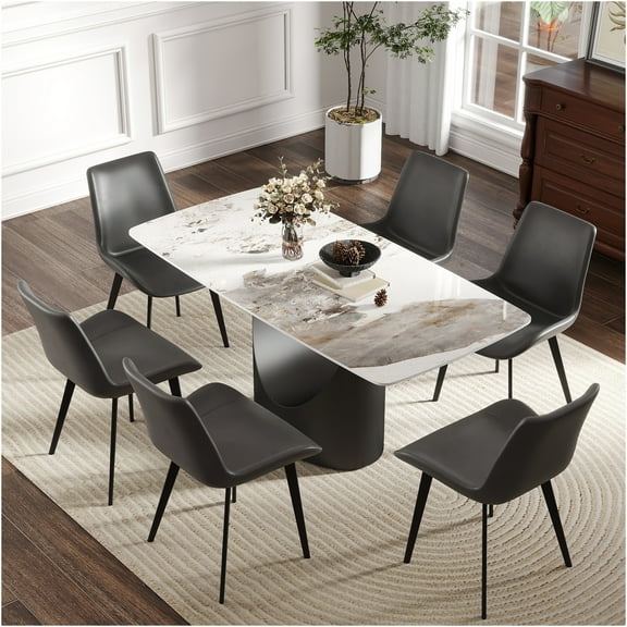 JERFIT 63-inch Modern Sintered Stone Dining Table for 6-8 People, Rectangle Kitchen Table with Black Metal Legs, White Marble Pattern