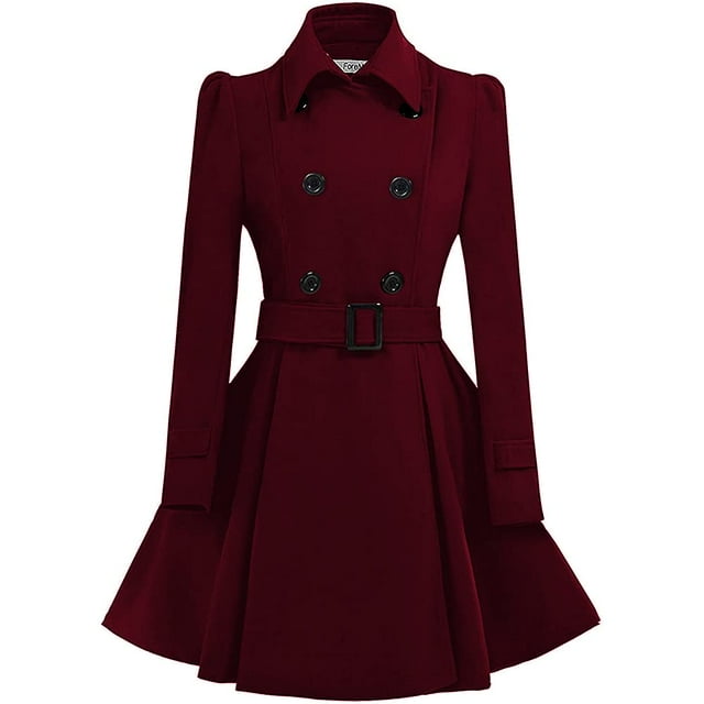 Abrigo ForeMode para mujer, de lana con doble botonadura, color rojo