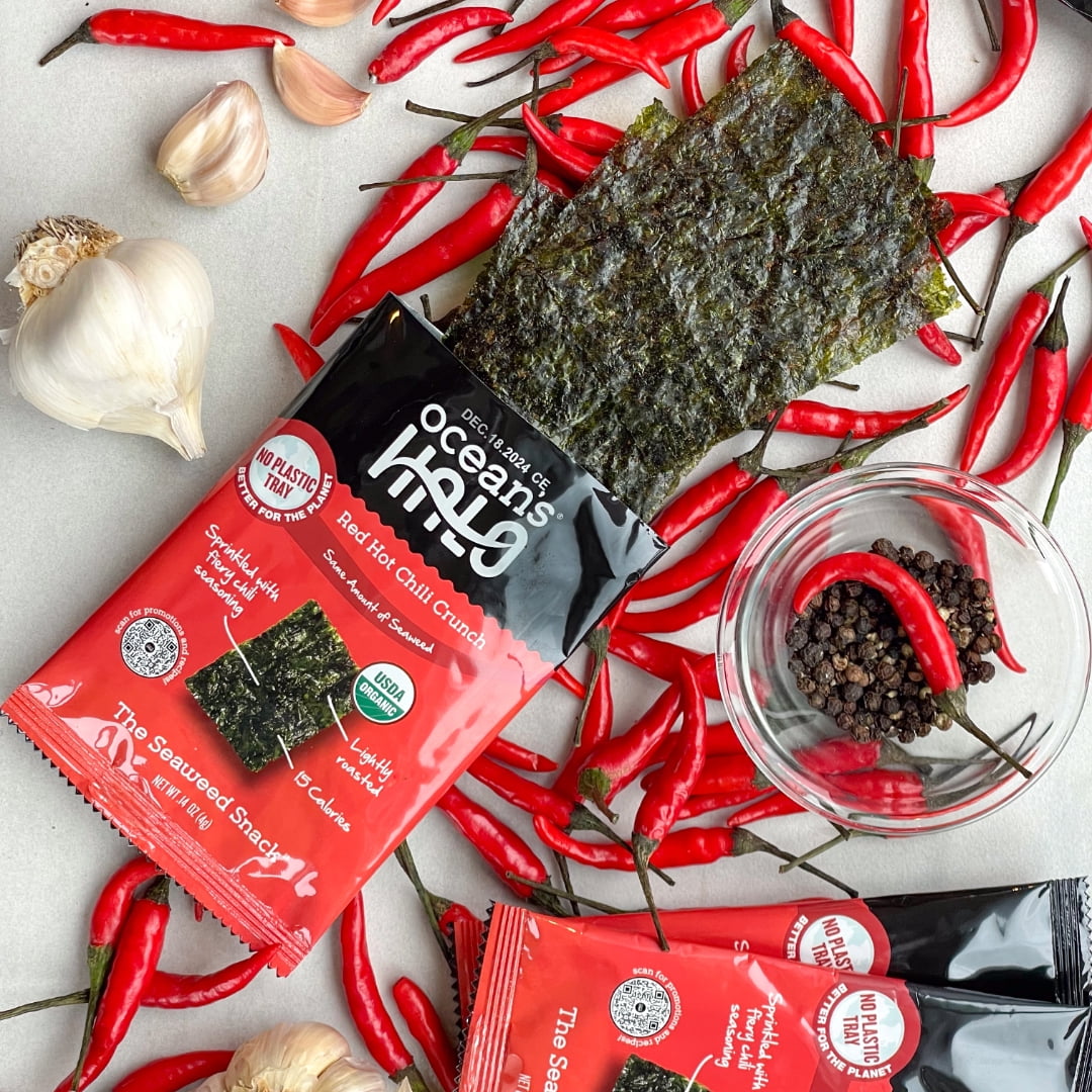 (20 pack) Ocean's Halo, Organic Trayless Seaweed Snack, Red Hot Chili Crunch, Vegan, No Plastic Tray, 0.14 oz