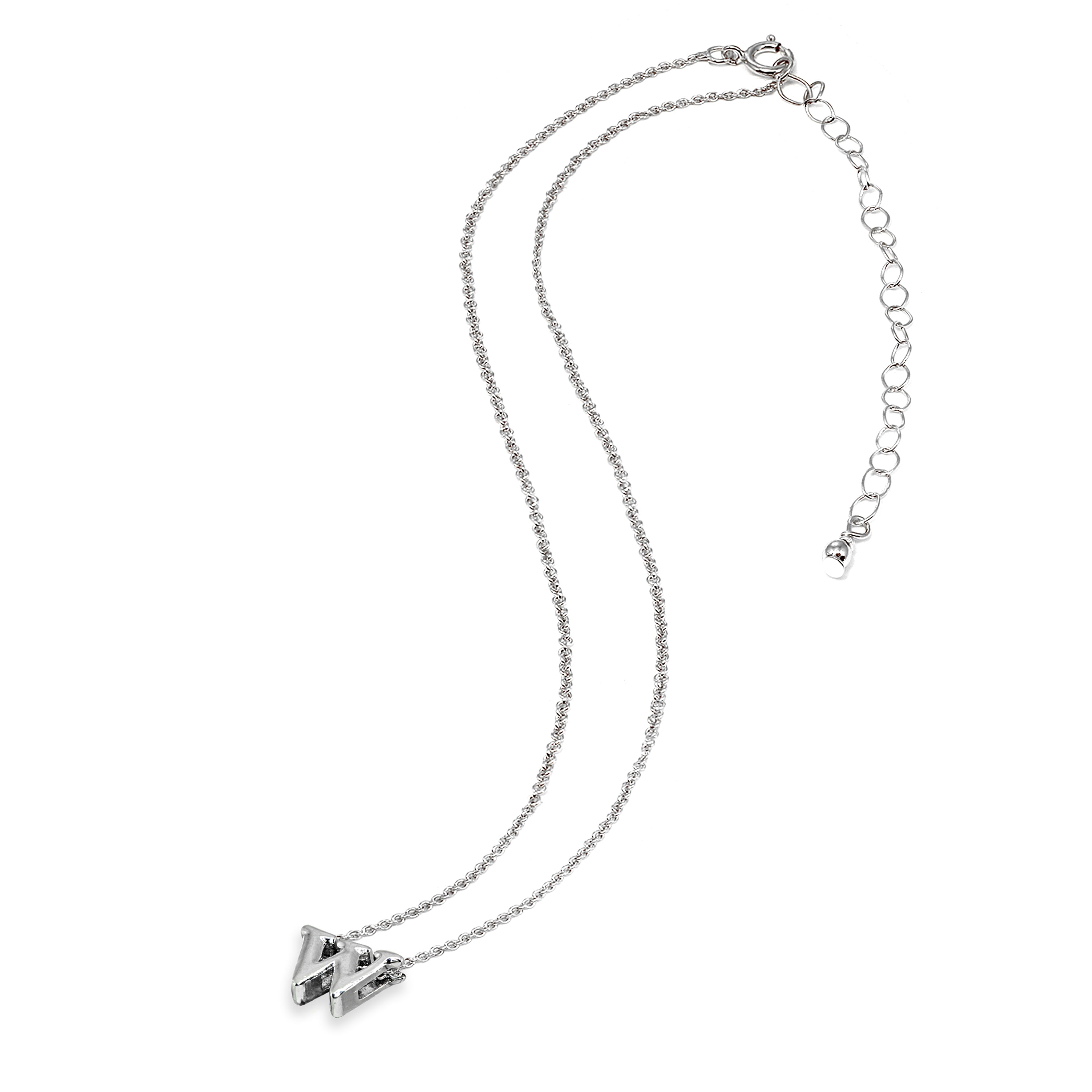 W Letter Initial Alphabet 925 Silver Necklace, 15 inches with extender