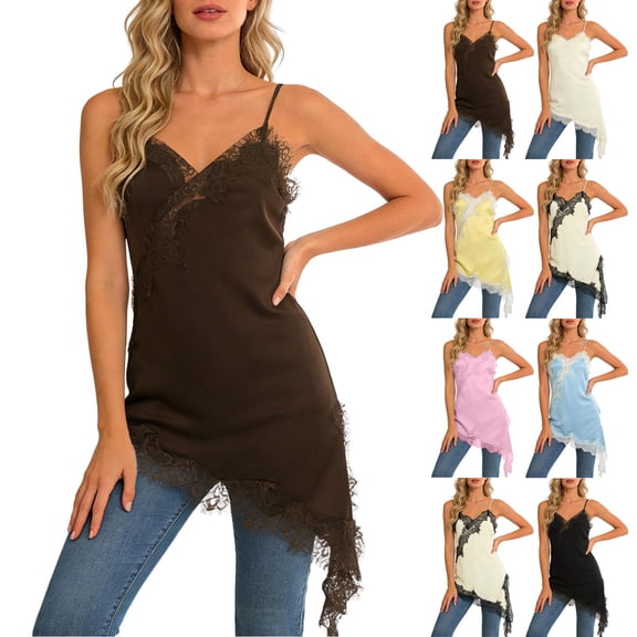 GEWSEY Lace Camisole Women Satin Tank Long Top Sleeveless Spaghetti Strap Silk Cami Shirt Asymmetrical Slip Dress Fashion (Yellow, L)