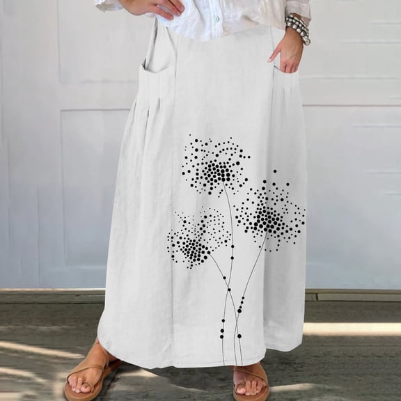 Women's Plus Size Skirts Printed Casual Elastic Waistband Fashionable Comfy Soft Loose Maxi Skirts with Pockets White S-5XL