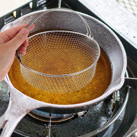 NUOLUX Stainless Steel Compact Folding Fry Basket with Easy Oil Drain for Kitchen Cooking and Frying Convenience
