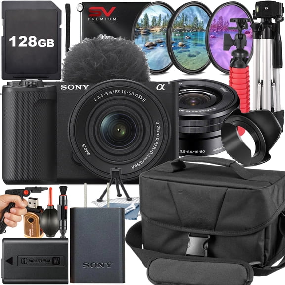 Sony ZV-E10 II Mirrorless Camera (Black) with 16-50mm Lens   SanDisk 128GB Memory Card   Pistol Grip Tripod   SV Premium Accessory Bundle