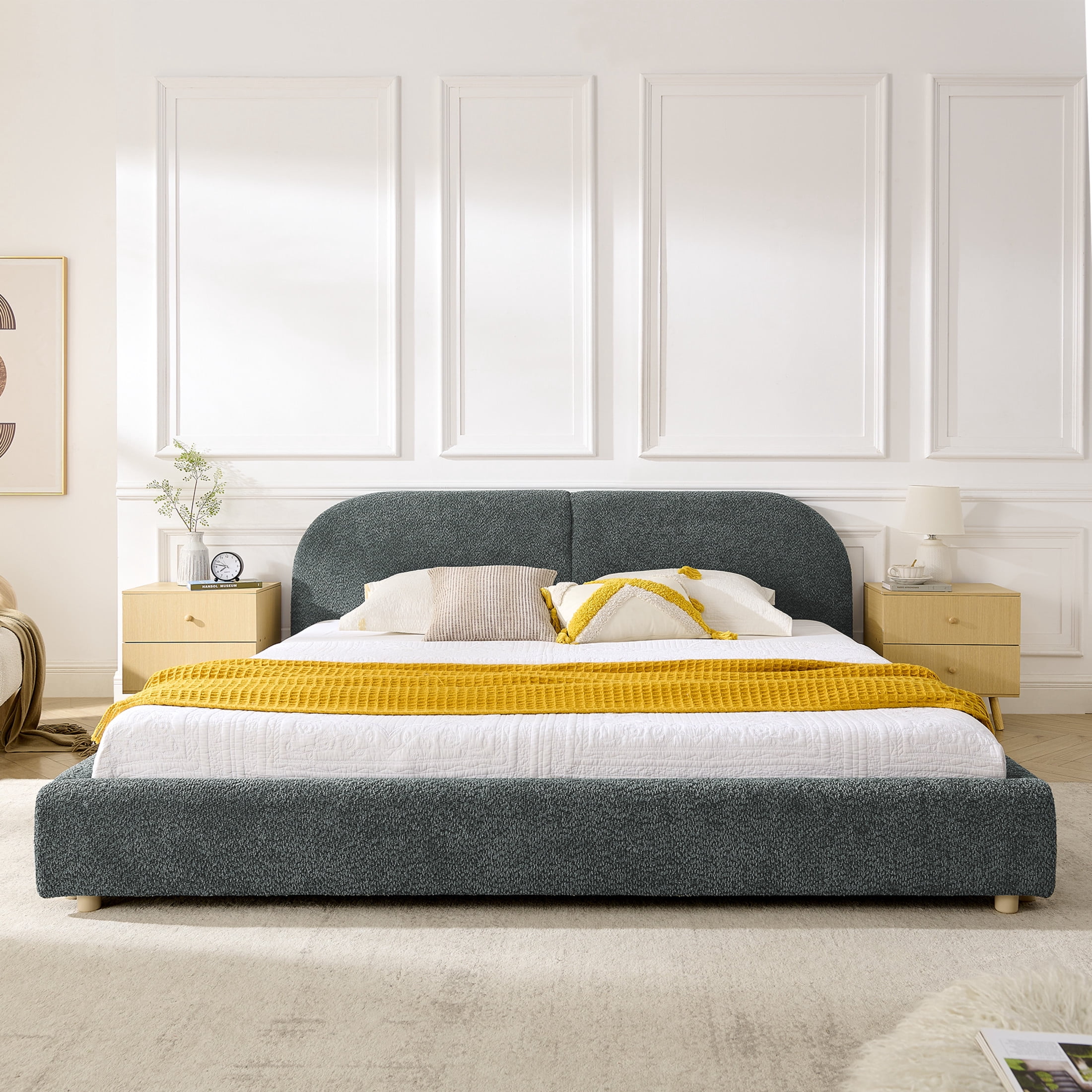 Noble House Roland King Size Yarn Upholstered Bed Frame, Tall Curved Headboard Platform Bed, Sturdy Support, Dark Gray
