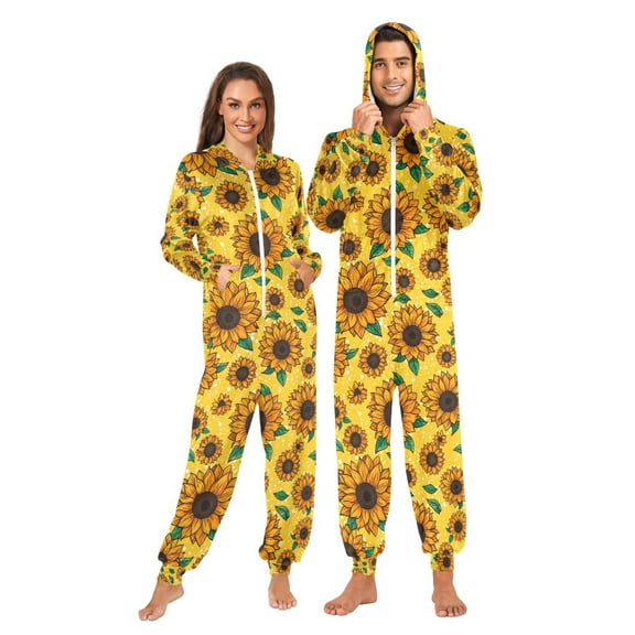 Adult Christmas Onesie Sunflower Adult Zipper One-Piece Pajamas Unisex Pajamas with Pockets