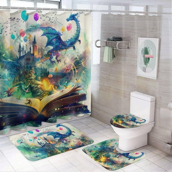 4Pcs Western Castle Fantasy Shower Curtain Set with Rugs, Toilet Lid Cover and Bath Mat, Sunset Dragon Balloon Book Bathroom Curtains Decor Shower Curtains, 72" x 72"