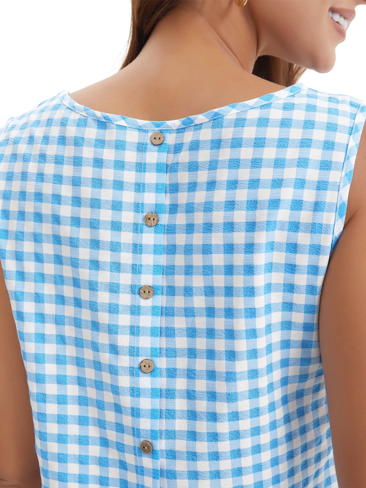 DARING DIVA Women's Gingham Summer Crop Tank Tops Button Back Sleeveless Shirts L Blue