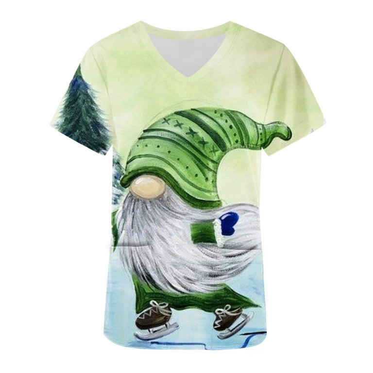 Womens St Patricks Day Scrub Tops Stretchy Cute Gnomes Print Medical  Workwear Shirts Fashion V Neck Short Sleeve Scrubs 