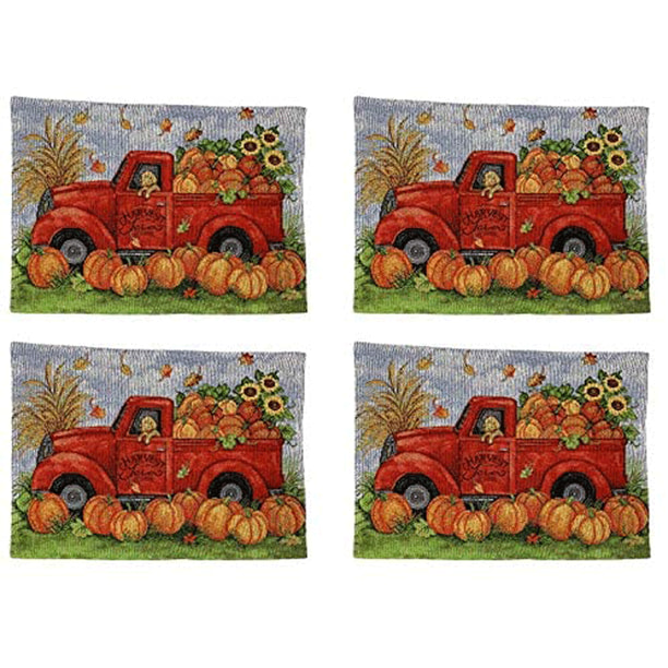 Windham Home Autumn Fall Thanksgiving Themed Tapestry Placemats, Set of 4  (Harvest Farm Red Pickup Truck)
