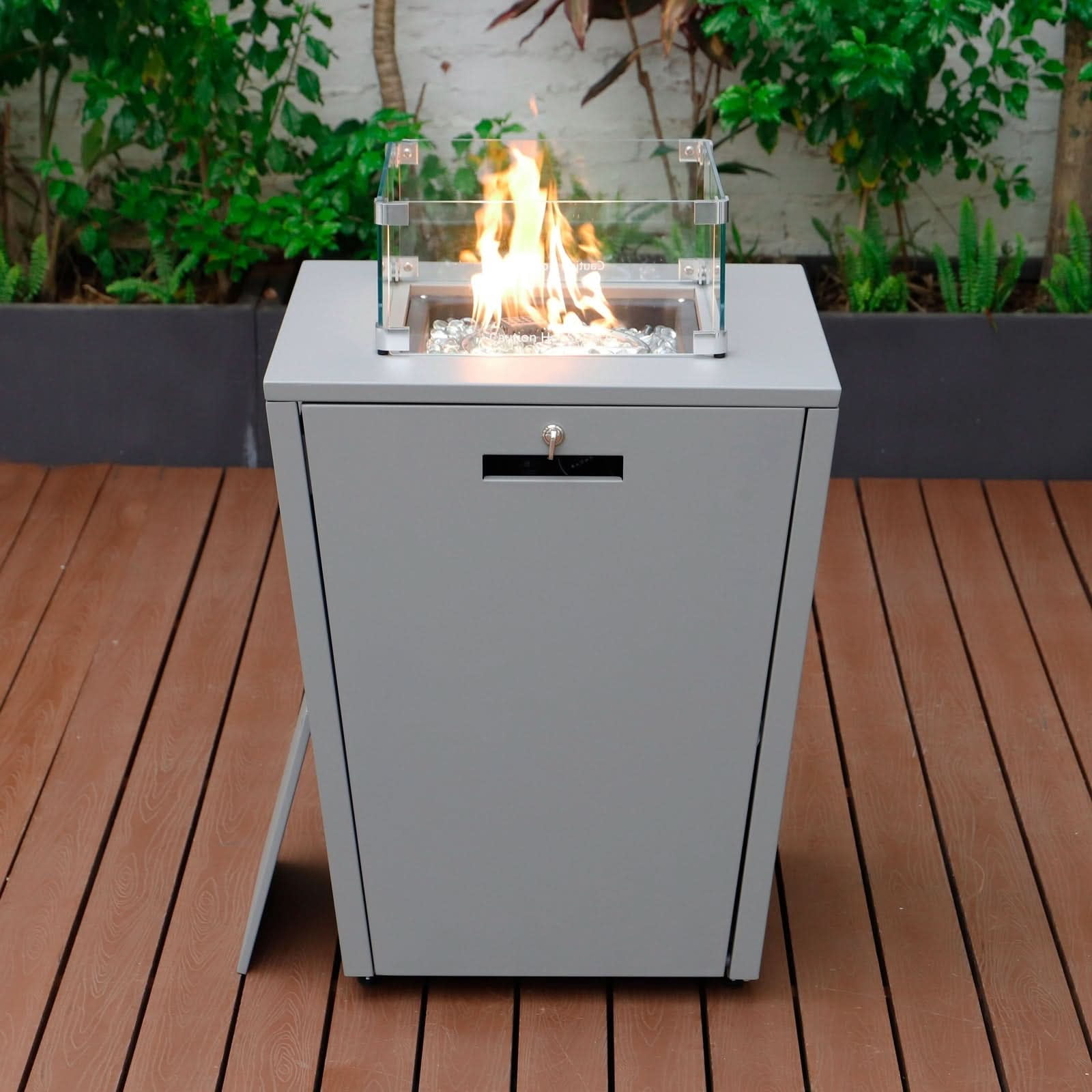 LeisureMod Chelsea 32" Propane Gas Fire Pit Table, Grey Steel CSA-Certified Outdoor Firepit with Tempered Glass Wind Guard & Lid – Patio Heater for Backyard or Garden