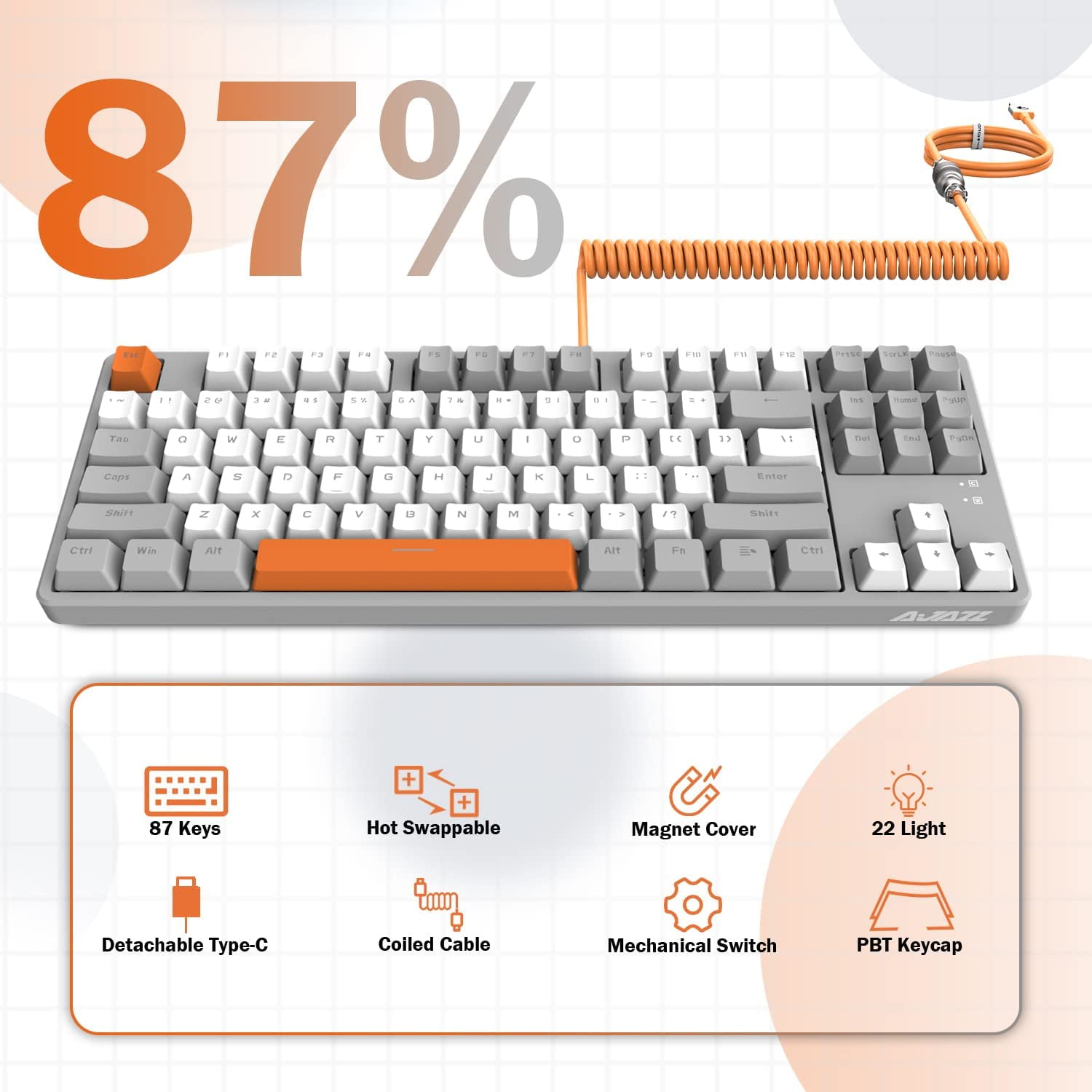 Ajazz AK873 Wired Hot Swappable Mechanical Keyboard, Coiled Cable, 22 RGB Backlit, Classic 3 Color PBT Floating Keycaps, 87% Keyboard with Detachable Magnet Cover, Custom DIY Keyboard