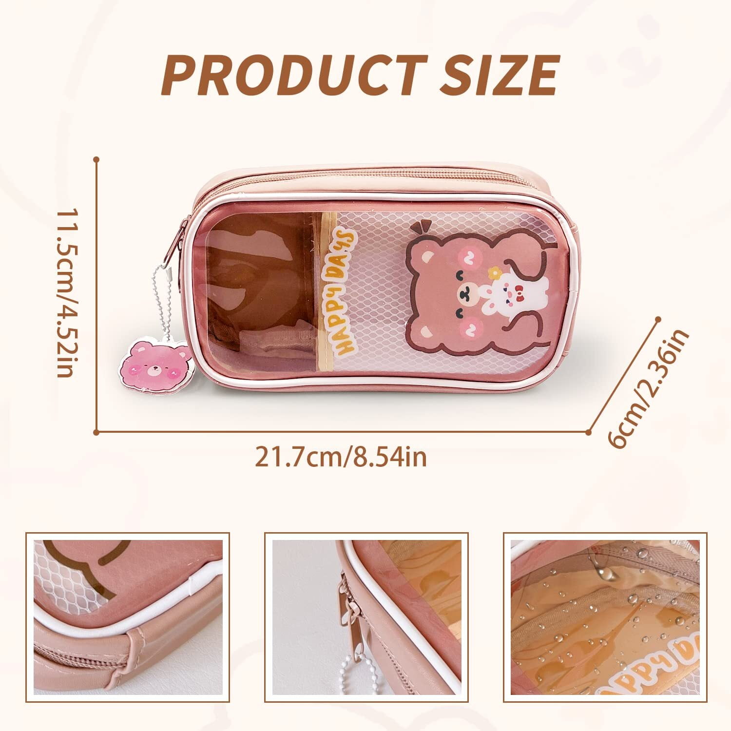 clberni Cute Brown Bear Pencil Case, Aesthetic Pencil Pouch, Kawaii School Supplies Makeup Bag for Girl Women Adult, Size: 8.54 x 4.52 x 2.36