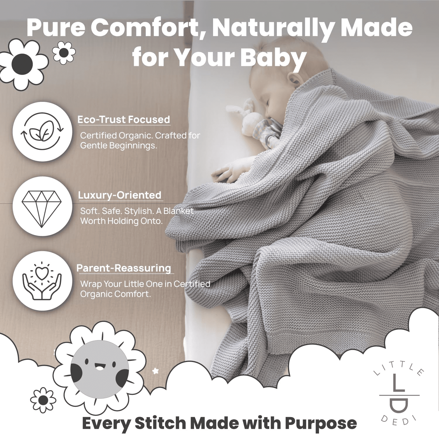 Little Dedi 100% Organic Cotton Baby Knitted Blanket with Gift Box - Soft Toddler, Crib, Stroller Blanket - Neutral Swaddle and Receiving Blanket for Newborns, 30"x40", Harbor Mist