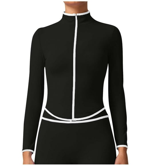 Women's Stand Collar Colorblock Sport Jacket Long Sleeve Zippered Top Fitness Windbreaker Outdoor Activewear Coat
