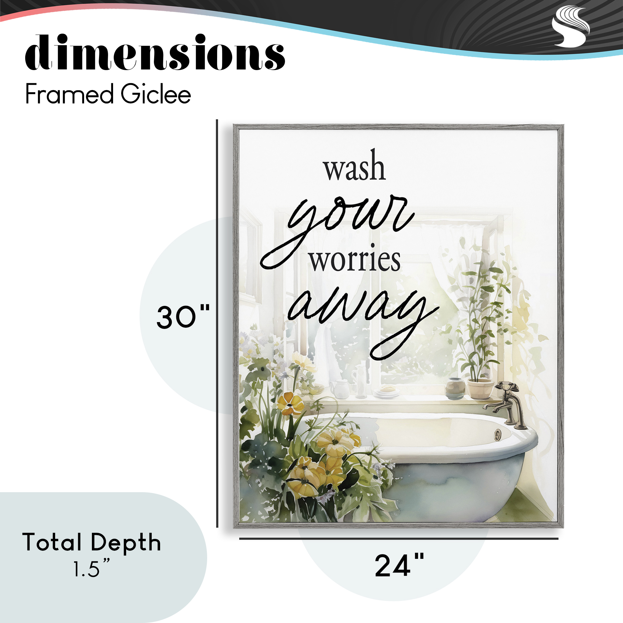Wash Worries Away Sunlit Bath Gray Framed Giclee Art, design by Lettered and Lined