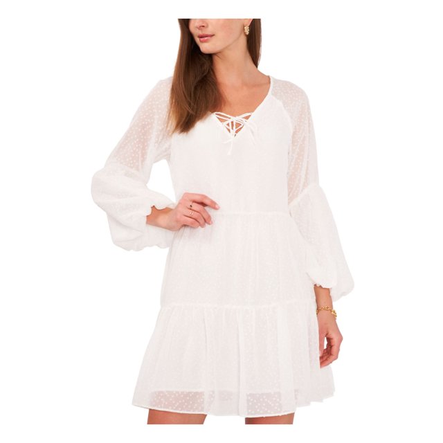 VINCE CAMUTO Robe Courte Ajustée et Évasée pour Femmes, Ivoire, Doublée, à Lacets, Manches Ballon, Col en V, Taille L