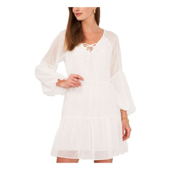 VINCE CAMUTO Robe Courte Ajustée et Évasée pour Femmes, Ivoire, Doublée, à Lacets, Manches Ballon, Col en V, Taille L