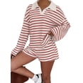 thumbnail image 2 of Women'S Striped Knit Collared Long Sleeve Top and Shorts Two-Piece Outfit Set Red L, 2 of 9