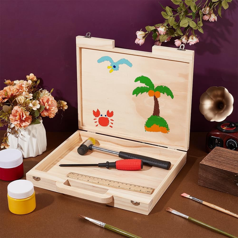 Wood Craft Suitcase 11.9x10.6x1.7 Inch Wooden Suitcase with Handle Rectangle Wood Storage Boxes with Handles Unfinished Wooden Boxes for Crafts Art Hobbies Journey and Souvenir Collection
