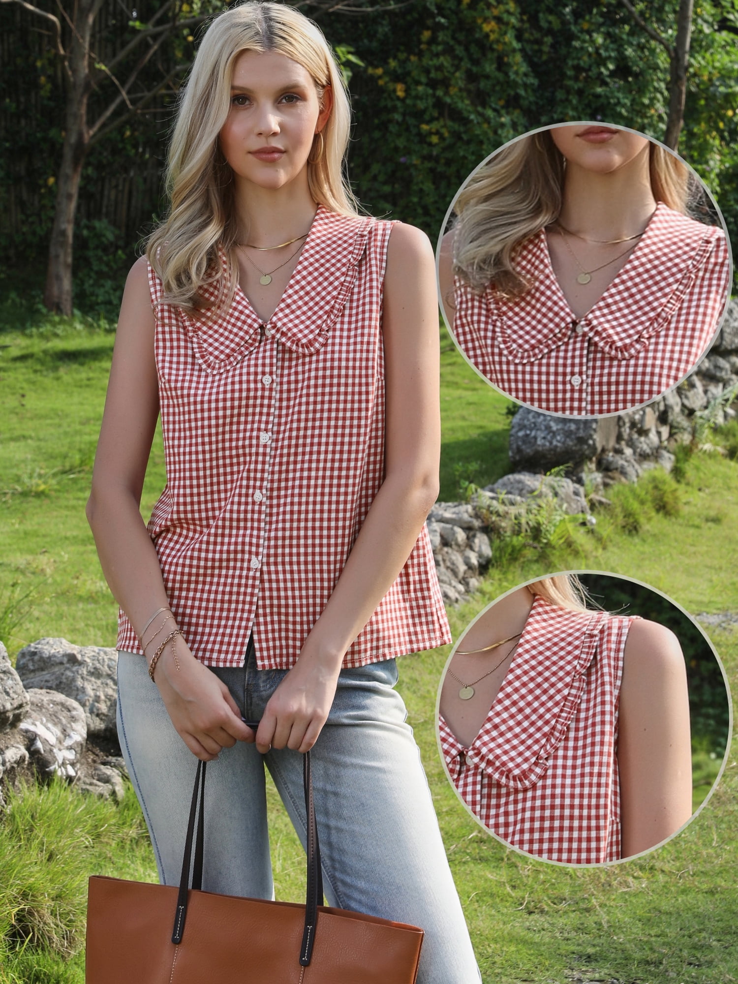 DARING DIVA Women's Gingham Sleeveless Tops Peter Pan Collar Ruffled Trim Blouse L Red