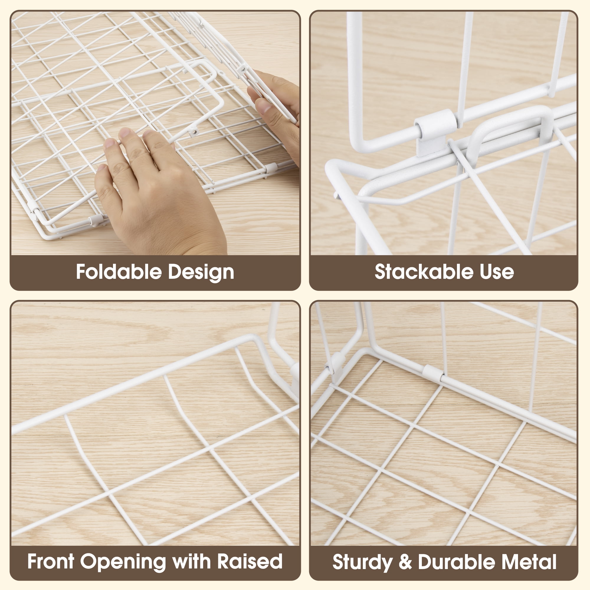 Lonian 4-Tier Stackable Closet Organizer, Foldable Metal Wire Storage Basket, White