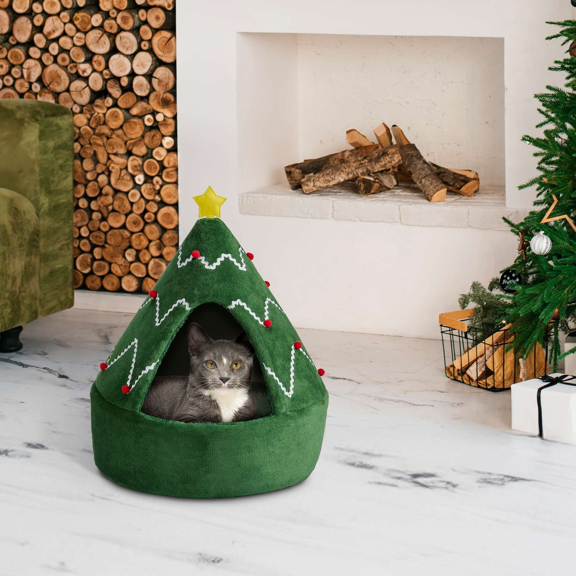 Vibrant Life Holiday Hideaway Dog & Cat Cave Bed Christmas Tree, Small