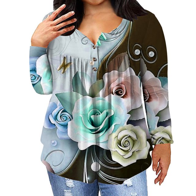Ichuanyi liquidación de túnicas de talla grande para mujeres camisas de impresión de impresión Flowy verano botones plisados túnicas ICHUANYI WER202308216982