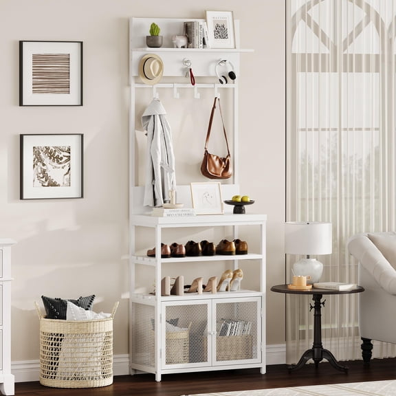 72.8in White Hall Tree with Doors Narrow Coat Tree Shoe Shelf Organizer with 7 Hooks for Entryway Bedroom and Mudroom