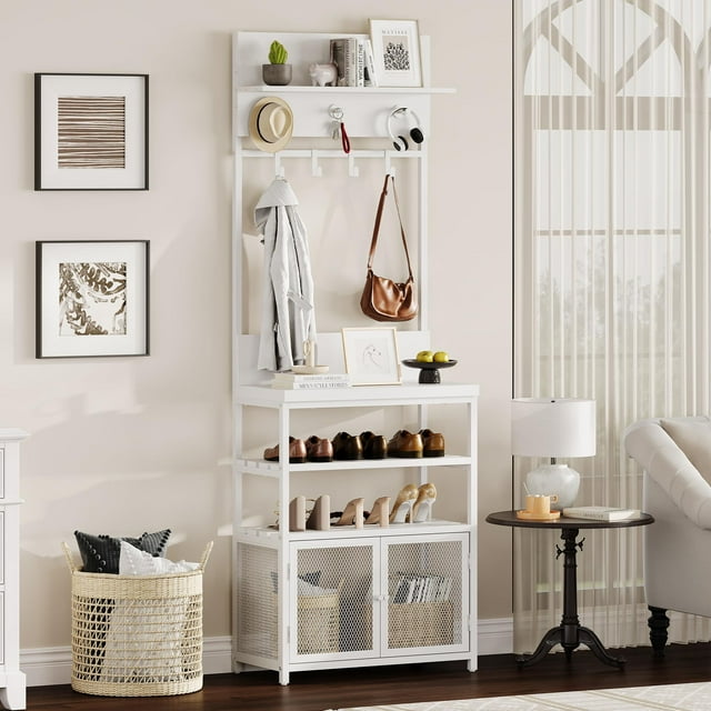 72.8in White Coat Rack Shoe Storage with 7 Hooks , Hall Tree with Doors, Narrow Coat Tree Shoe Shelf Organizer for Entryway, Bedroom