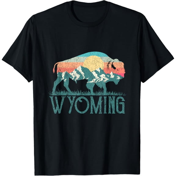 Bison Buffalo Retro Wyoming Tee WY Mountains Retro T-Shirt