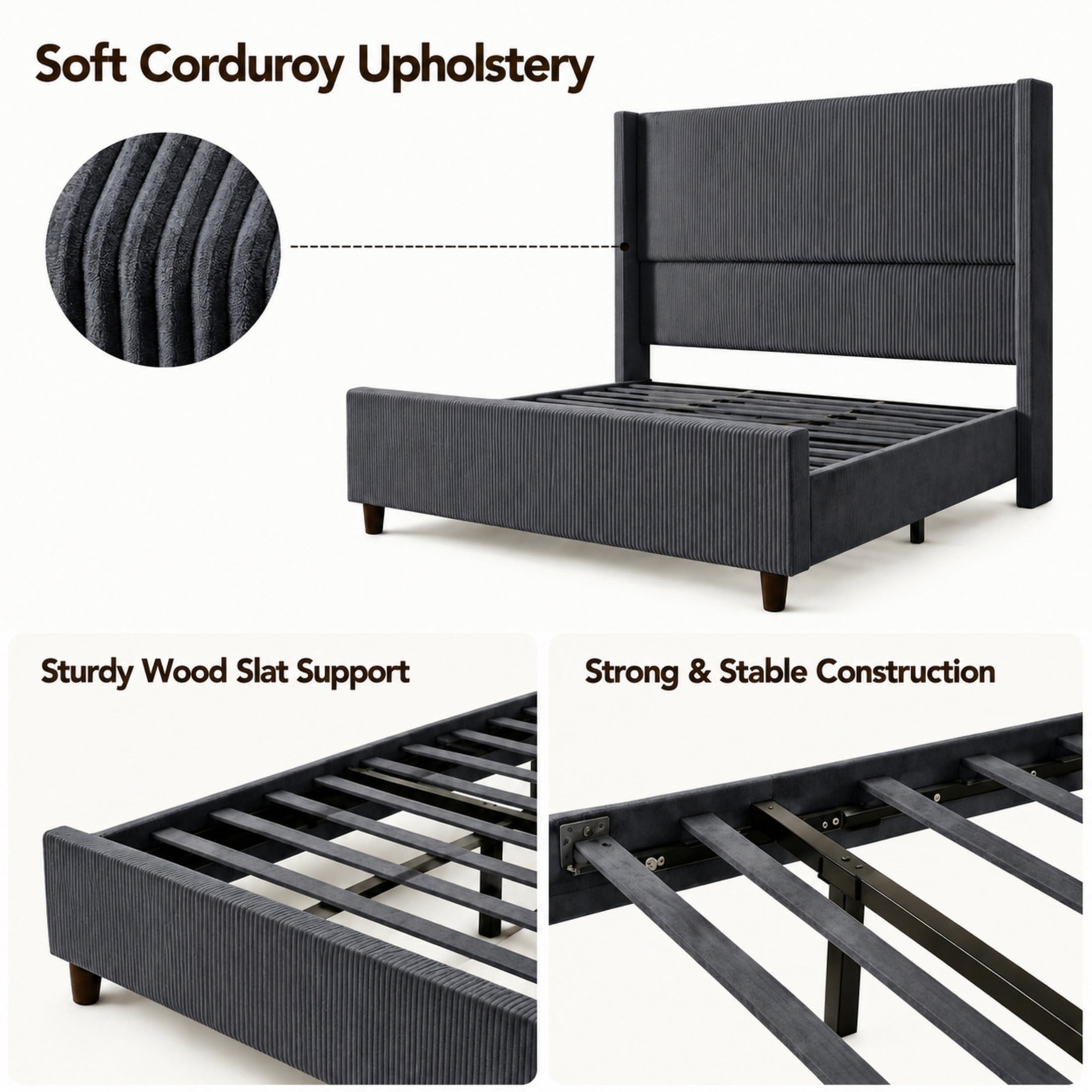 Noble House Abriele Full Size Corduroy Upholstered Wingback Bed Frame with Solid Wood Legs & Center Support, Dark Gray