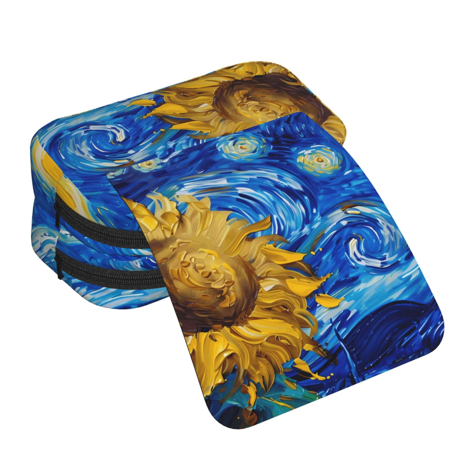 Rateoe Whimsical Sunflowers Night Sky Pattern Double Clamshell Pen Case, Storage Organizer with Two Zipper Compartments– Holds Up to 50 Pencils & Pens