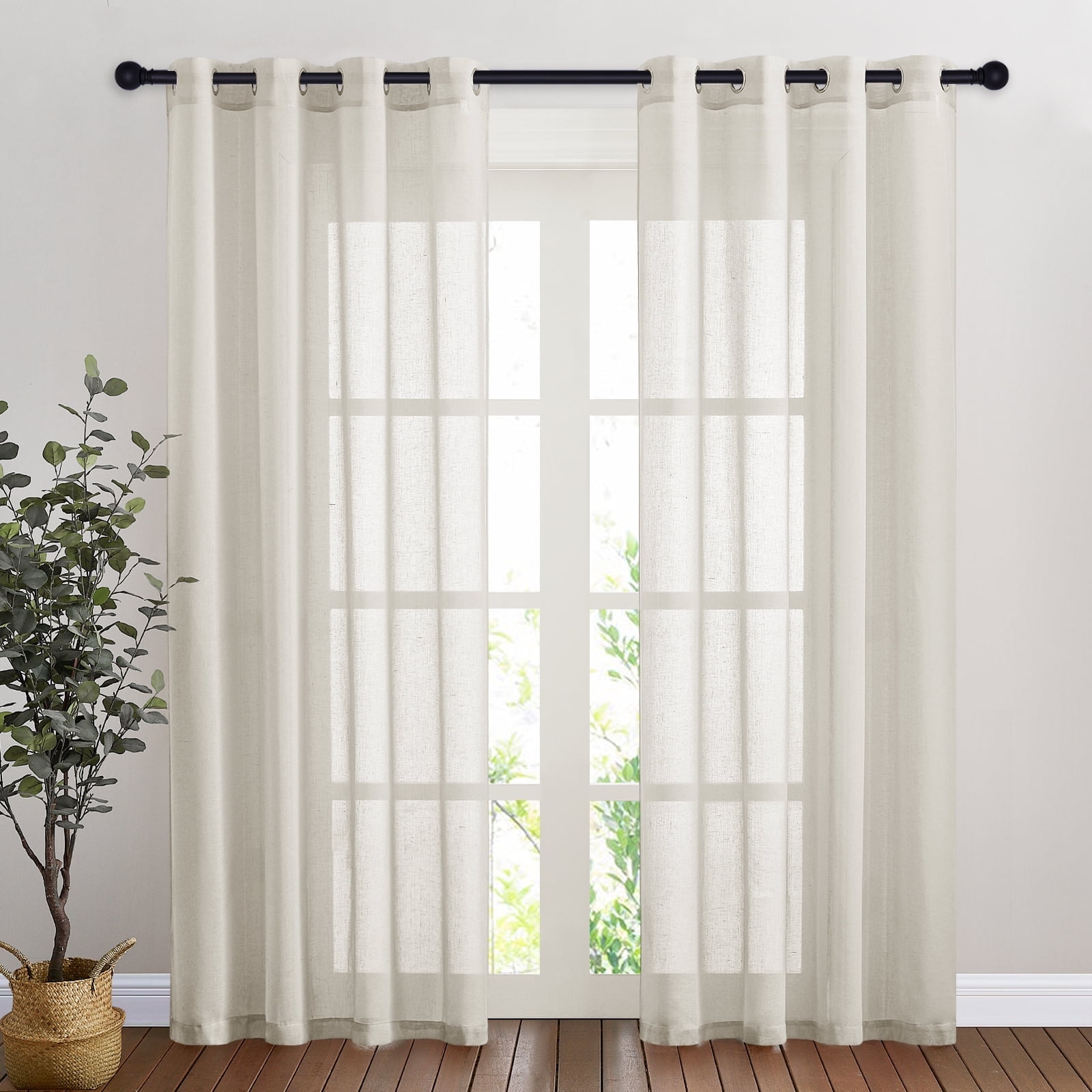 NICETOWN Natural Linen Look Semi Sheer Curtains 84-inch Length 52" Wide, 2 Panels, Grommet Light Filtering Casual Textured Privacy Window Treatment Vertical Flax Sheer Drapes for Kids Nursery