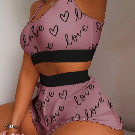 

Love & Letter Print Pajamas Set Crew Neck Cami Crop Top & Lettuce Trim Shorts Women‘s Sleepwear & Loungewear