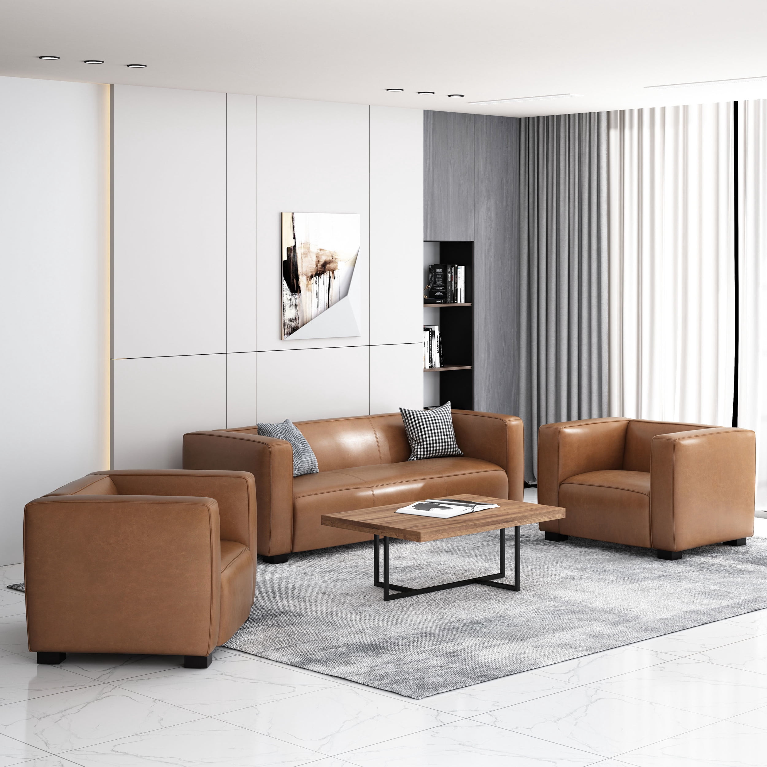 Noble House Denison Faux Leather 3 Piece Club Chair and Sofa Set, Cognac Brown and Dark Walnut