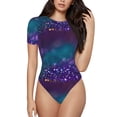 thumbnail image 2 of Uemuo Purple and Green Glitter Pattern Women's One Piece Short Sleeve Swimsuit Rash Guard Surfing Modest Quick-drying Swimsuit Beach Essentials-Large, 2 of 9